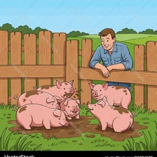 A person standing among pigs in a farm sty.