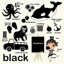 Black and blue color swatches displayed as examples of descriptive color words