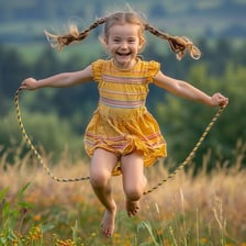 A person leaping and moving playfully outdoors