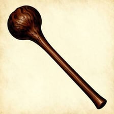 A person holding a short, heavy wooden club.