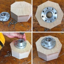 A woodworker shaping a wooden bowl on a lathe.
