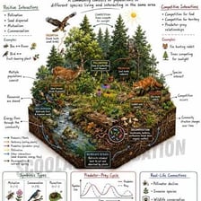 Several different species occupying the same natural habitat.