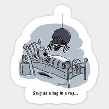 An illustration of a small bug cozily tucked inside a rug.
