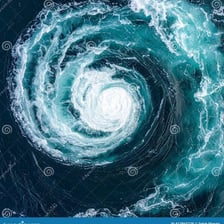 A powerful rotating whirlpool in the ocean.