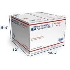 A large cardboard package prepared for postal delivery.
