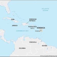 Map showing Dominica directly north of Martinique in the Lesser Antilles
