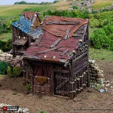 A small, roughly built wooden shack serving as a simple shelter.