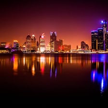 The Detroit skyline viewed from across the Detroit River.