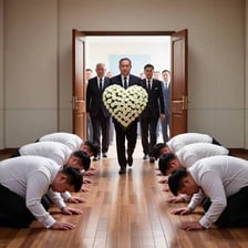 A person performing a deep kneeling bow as a gesture of submission.