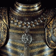 An ornate ceremonial suit of armor displayed as an elaborate outfit