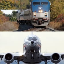 An airplane and a passenger train representing different types of vehicles