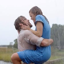 A melodramatic romantic scene conveying exaggerated sentimentality