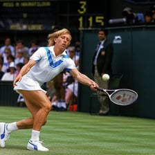 Martina Navratilova competing on a tennis court.