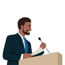 A person proudly boasting while speaking to an audience