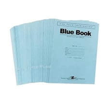 Blue exam booklets used by college students for written tests