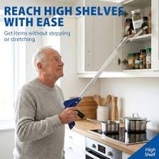 A person reaching to retrieve an object from a shelf.