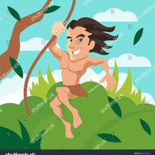A jungle scene showing a man swinging from a vine