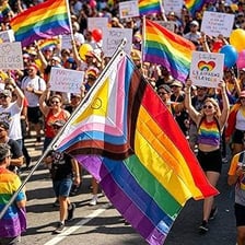 A Pride parade with rainbow flags and LGBT signs