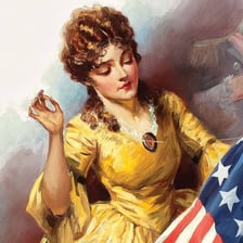 A historical portrait of Betsy Ross with an American flag