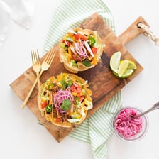 Taco salad served in a crisp edible tortilla bowl