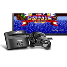 A Sega Genesis console alongside Sonic the Hedgehog imagery.