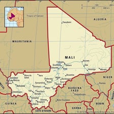 A map showing Mali beside Niger in West Africa