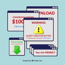 A computer screen covered by intrusive pop-up advertisements