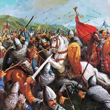 Historical illustration of Saxon and Norman soldiers at the Battle of Hastings.