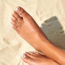 Toenails painted with nail polish.