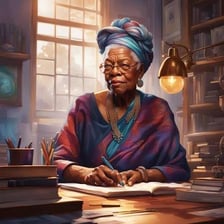 Maya Angelou seated at a desk with writing materials