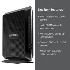 A cable internet modem with indicator lights and network ports