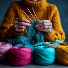 A person using yarn and knitting needles to make a sweater