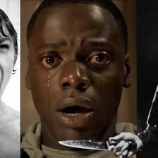 A stylized horror-film scene associated with graphic slasher violence
