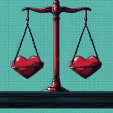 Conceptual illustration combining romantic imagery with a symbol of conflict and justice