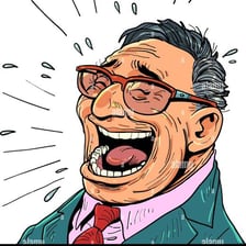 A person laughing with an open-mouthed guffaw