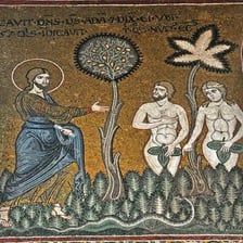 An artistic depiction of Adam and Eve.