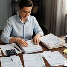 Tax forms and financial records arranged for an audit