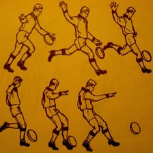 An illustration showing a football being dropped and kicked after bouncing.