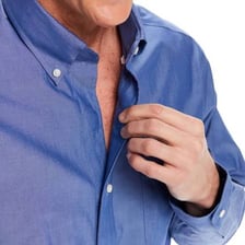 A blue chambray shirt showing the fabric’s woven texture.