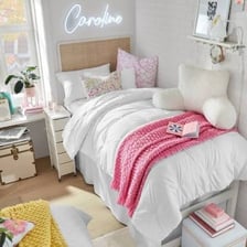A college dorm room furnished with a twin bed