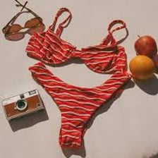 A bikini displayed as separate top and bottom pieces.