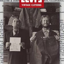 A historical portrait of Levi Strauss alongside blue jeans