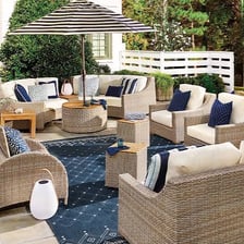 Outdoor lawn chairs arranged on a patio