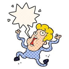 A frightened comic character with an alarmed speech bubble