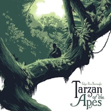 An illustration of Tarzan among apes in a jungle.