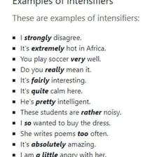 An educational language illustration comparing the intensifiers “very” and “quite.”