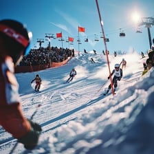 A skier weaving between slalom gates on a snowy slope