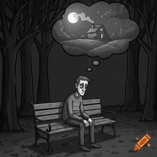 A cartoon man sitting alone with a gloomy expression.
