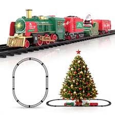 A model train set running around the base of a Christmas tree