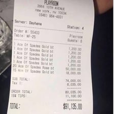 A bar receipt showing a running tab